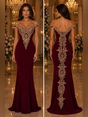Babyonline Burgundy Gold Lace Off The Shoulder Mermaid Prom Formal Dress M 8